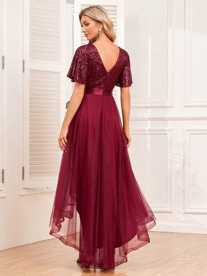 Vestido de cóctel con cuello en V, mangas con volantes, malla con lentejuelas y bajo asimétrico. Elegante vestido de fiesta formal negro, apropiado para ceremonia de graduación, reunión festiva, fiesta de cumpleaños y otras ocasiones