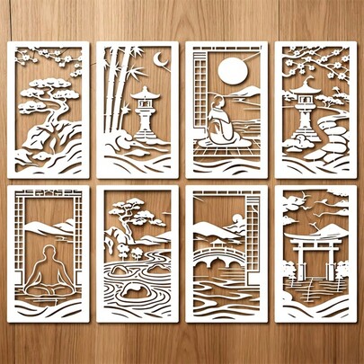 8件套日式花园模板 - 竹子、樱花、风景画模板，可重复使用的PET材质模板，适用于墙面、画布、剪贴簿、卡片制作、织物绘画