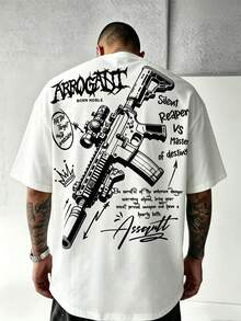 Men's Dark Gun Pattern Print White Casual Street Style Short Sleeve T-Shirt Top - White - View 1