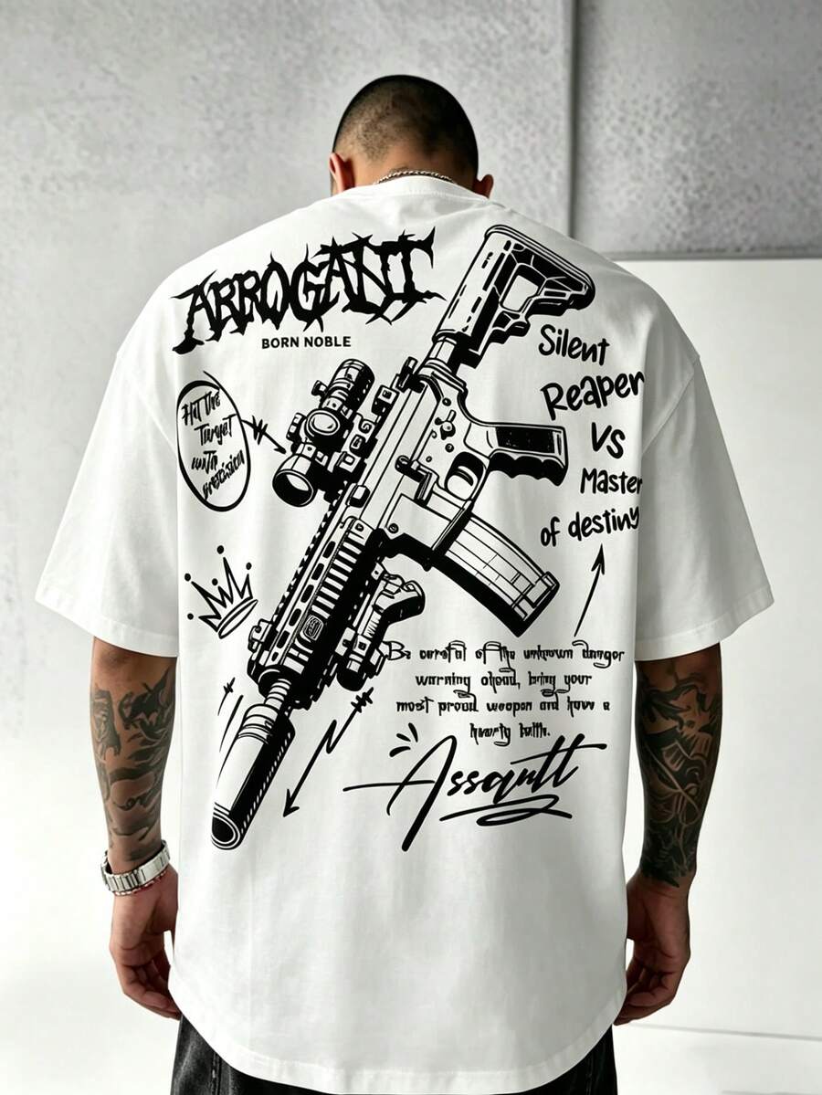 Men's Dark Gun Pattern Print White Casual Street Style Short Sleeve T-Shirt Top - White - View 1