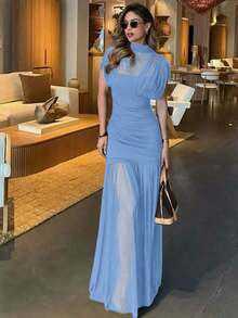 Vestido elegante y sexy de unicolor con volantes de malla, dobladillo plisado, adecuado para la playa, citas nocturnas, bodas, fiestas de cumpleaños, primavera/verano - Celeste - Ver 5