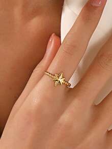 1 chiếc nhẫn điều chỉnh được bằng thép không gỉ mạ vàng 18K hình ngôi sao tối giản, phù hợp cho nữ giới đeo hàng ngày, dự tiệc và các buổi gặp gỡ. - Vàng - Xem 3