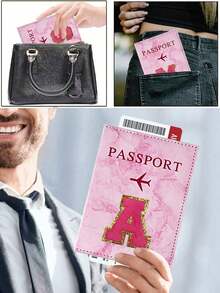 1pc Passport Cover With Rose Red Towel Embroidery And A-Z Letter Print, Unisex RFID Vintage Business Passport Holder, Multifunctional Travel Organizer Pouch, Travel Accessories, Travel Wallet, Passport Case, Beach Holiday Bag, Summer - Pink - View 6