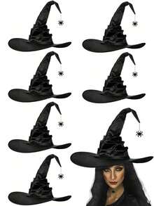 1pc Halloween Women Witch Hat,Devil Spider Wizard Hat,Black Ruched Crooked Wicked Witch Cap For Costume Cosplay Party Halloween Party Favors Party Favors Trick-Or-Treat And Activities Halloween Party Favors Supplies Activities Games Gifts. - A - View 9