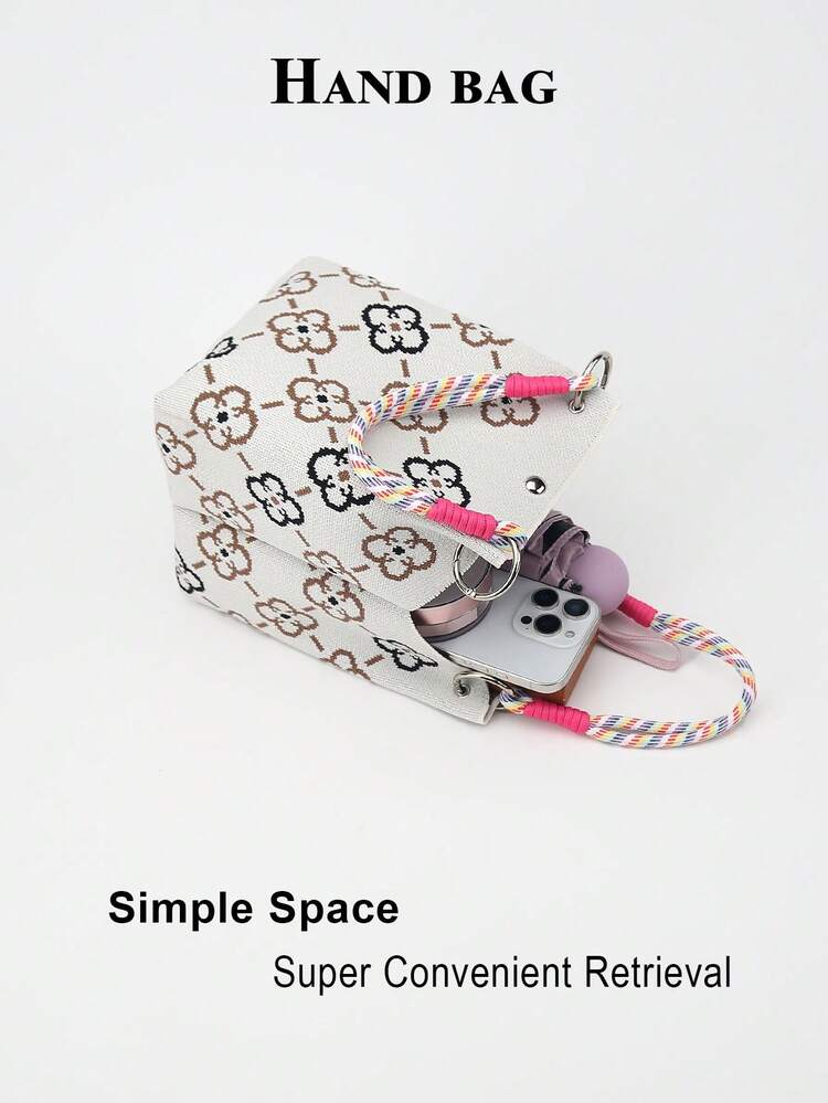 Bolso de cubo de gran capacidad con decoración de nudo de dibujos animados multicolor, bolso de mano elegante y multifuncional para viajes - Beis - Añade 5