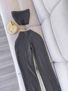 Conjunto de top sin tirantes elegante y pantalones casuales pitillo de punto elástico para mujer, adecuado para fiesta y gimnasio - Gris Oscuro - Ver 1