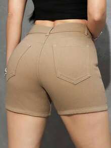 PETITE Pantalones cortos vaqueros sueltos y lavados de uso casual versátil - Caqui - Ver 2