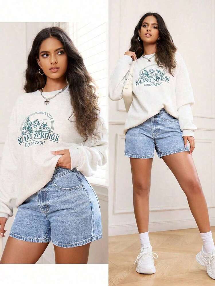 PETITE Pantalones cortos vaqueros de mujer con botones frontales, estilo sencillo y varios bolsillos, para un uso casual diario - Azul lavado medio - Añade 9