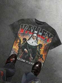 Graphic Tees Men, Valley Warzone Peace Please Print, 230g Washed Cotton Crew Neck Short Sleeve-Shirt, Vintage Distressed, Y2K Streetwear, Oversized, Big And Tall, Summer Clothes, Shirt Men,Summer Shirts, Graphic Shirt ,Fathers Day - Black - View 1