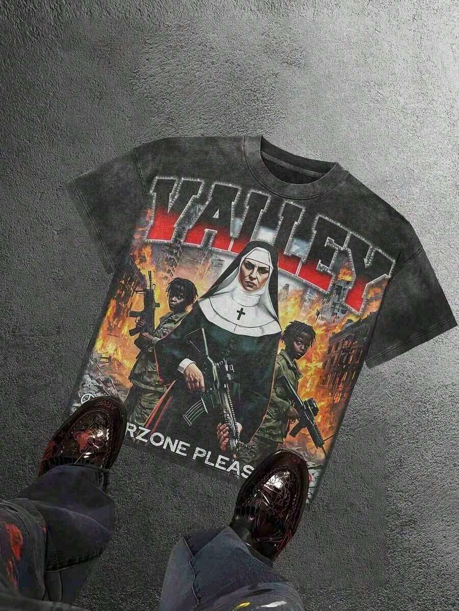 Graphic Tees Men, Valley Warzone Peace Please Print, 230g Washed Cotton Crew Neck Short Sleeve-Shirt, Vintage Distressed, Y2K Streetwear, Oversized, Big And Tall, Summer Clothes, Shirt Men,Summer Shirts, Graphic Shirt ,Fathers Day - Black - View 1