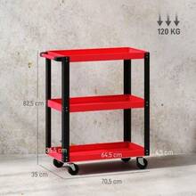 Tool Trolley With 3 Levels, Metal Frame, 120 Kg Load Capacity, Wheels, Handle, Red - 1PC - View 2