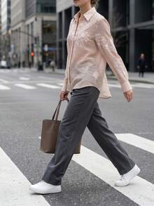Blusa de manga larga de gasa con encaje bordado francés, camisa de oficina de manga larga con aplique de unicolor para mujer rosa - Rosa - Ver 6