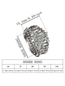 Kotak Hadiah Cincin Pita Lebar Perak, Desain Sangkar Burung Rumbai 3D, Batu Zirkonia Kubik Bertabur Penuh, Cincin Koktail Mewah untuk Wanita - Perak - View 6
