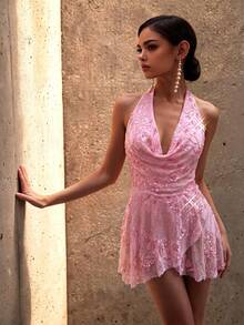 UNITHORSE [Random Cut] V-Neck Sexy Beaded Front Backless Elegant Party Dress - Pink - View 2