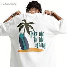 Men's T-Shirt Palm Tree Surfboard Ocean Waves Sand Comfortable And Versatile Outdoor Casual Short Sleeve - White - View 1