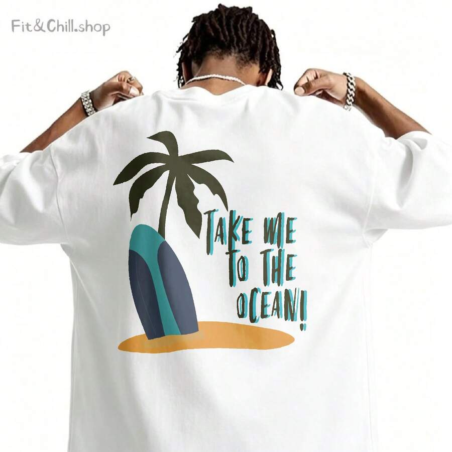 Men's T-Shirt Palm Tree Surfboard Ocean Waves Sand Comfortable And Versatile Outdoor Casual Short Sleeve - White - View 1