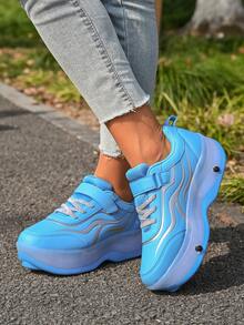 Girls' Sky Blue Wave Pattern , Hook And Loop 4-Wheel Retractable Roller Skates, Children's Sports Inline Skates - Mint Blue - View 5