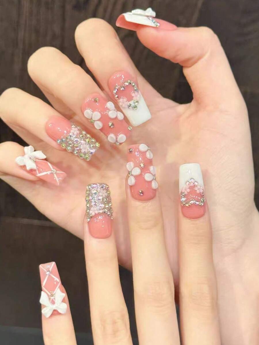 10pcs Glossy Nail Stickers, Medium Square Acrylic False Nails, Coral Pink Base With French Tips, 3D Bow And Rhinestone Decor, Sweet Girl Style, Flattering And Sparkling, Suitable For Daily Wear And Parties, Super Cute Manicure Handmade Press On Nails - Coral Pink - View 1