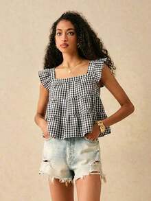 Blusa de mujer con cuello cuadrado, volantes en el bajo y mangas cortas - Multicolor 4 - Ver 2