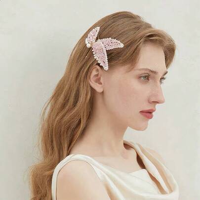 Pink Beaded Butterfly Hair Clip With Pearl Crystal Tassels | Women's Handmade Vintage Side Clip | Cute Fairy Elf Style Bridesmaid Hair Accessory
