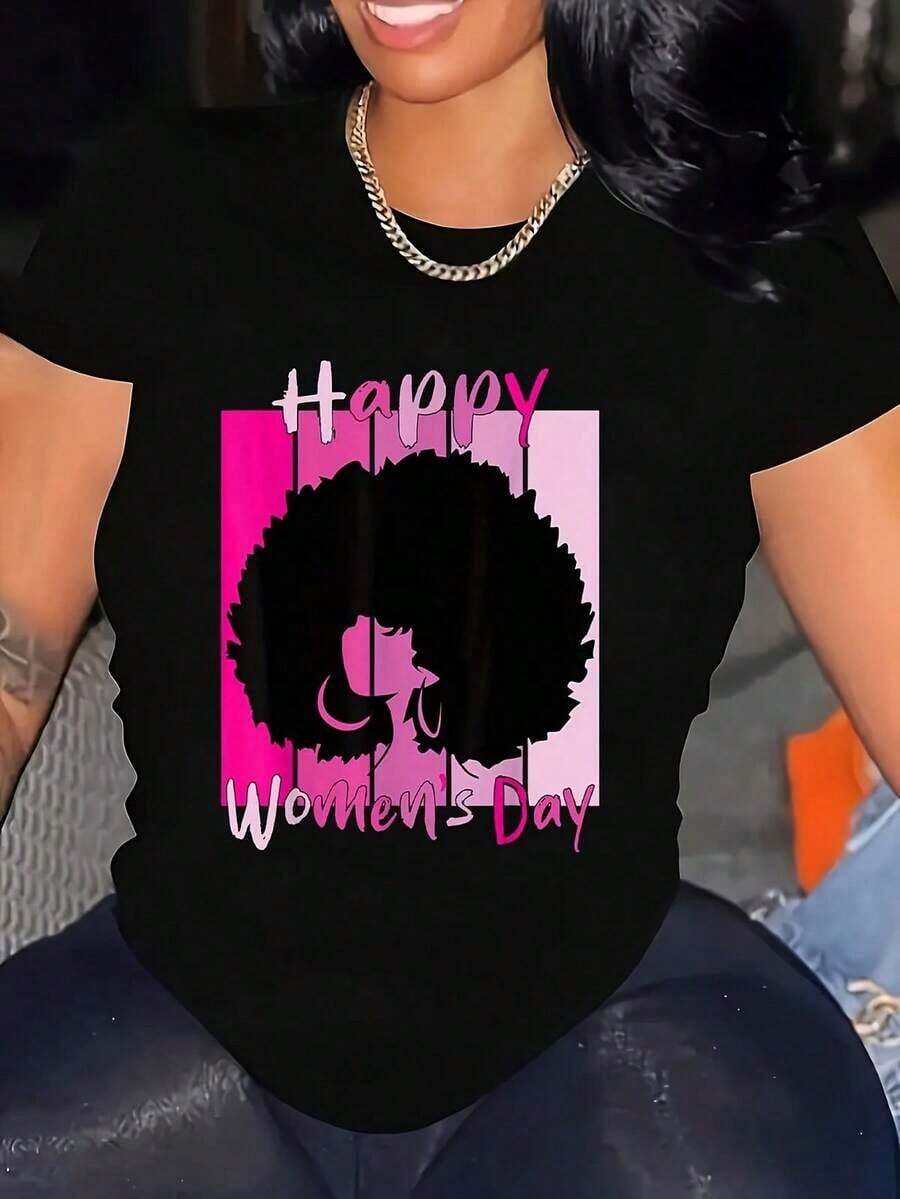 100% Cotton, Single-Sided Printed T-Shirt With Round Neck And Short Sleeves, International Women's Day Theme, Suitable For Everyday Wear, Sizes S - XXXL, Black-1-1 - 黑色 - 查看 1