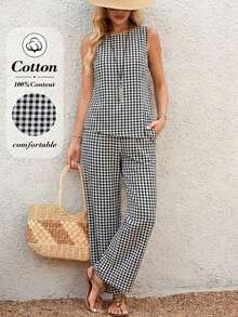 Conjunto de 2 piezas de chaleco y pantalones a cuadros casuales para mujer, de verano - Blanco y Negro - Ver 7