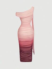 MOD Vestido casual de verano de mujer de unicolor con cuello asimétrico y drapeado, de longitud media - Marrón - Ver 6