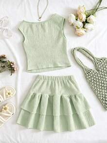 Girls' Summer 2 Pieces Set Yellow Pleated Knit Asymmetrical Shoulder Top + Multi-Layer Ruffle Skirt Set, Suitable For Summer Outdoor Casual Gatherings, Machine Washable - Mint Green - View 5