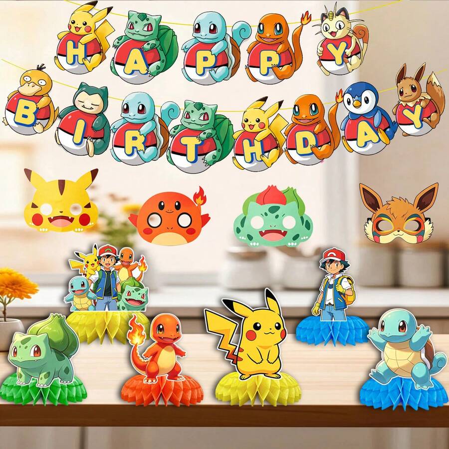 13pcs-Pokemon Birthday Party Decor Kit, Pokeball Happy Birthday Banner + Honeycomb Table Centerpieces + Paper Masks, Kids Anime Theme Party Supplies - T2 - View 1