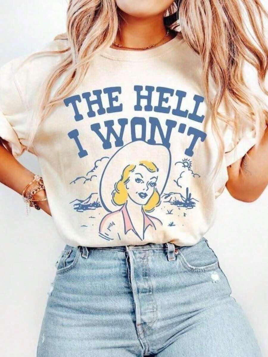 1 pieza Camiseta Unisex "The Hell I Won't", Camiseta de Vaquera del Rodeo del Suroeste, Camiseta Vintage del Desierto Occidental, Regalo, Camiseta Gráfica para Mujer, 180g 100% Algodón - Blanco - Ver 1