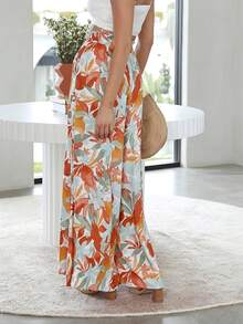 Women's Wide Leg Trousers With Elastic Waist And Print - Orange-red Flower - View 2
