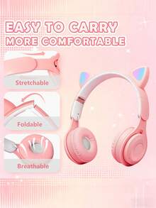 Fones de ouvido sem fio com orelhas de gato e iluminação RGB, chip Jelly de baixa latência, Bluetooth 5.0, dobráveis, uso duplo para jogos e música, entrada para cartão TF, bateria de longa duração, ideais para estudantes e jogadores. - Roxo (orelhas de gato) - Ver 8