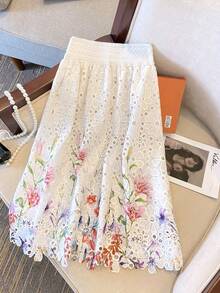 High-Waisted Elastic Skirt With Embroidered Lace And Water-Soluble Print - 白色的 - 查看 1