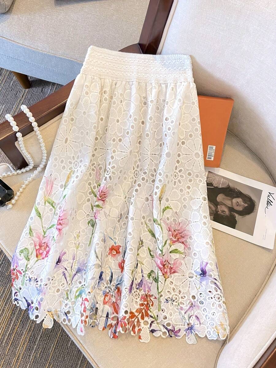 High-Waisted Elastic Skirt With Embroidered Lace And Water-Soluble Print - 白色的 - 查看 1