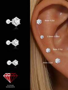 1Pc -2/3/4mm Moissanite 925 Sterling Silver Earrings For Women Classic Stud Earring Helix Cartilage Flat Back For Daily Wear Wedding Fine Jewelry - Silver - View 4