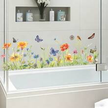 1pc Floral Wall Sticker, Includes Butterfly & Bird Decorative Wild Flower Decal, Removable PVC Sticker Suitable For Bathroom, Kitchen, Living Room - Multicolor - View 1