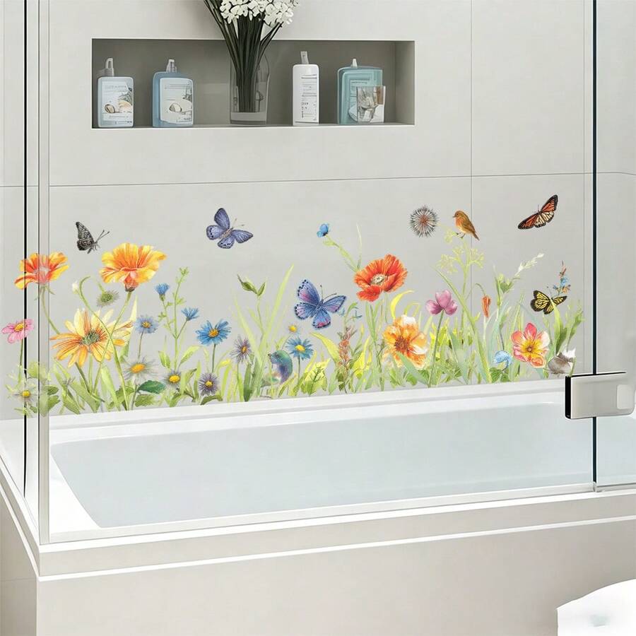1pc Floral Wall Sticker, Includes Butterfly & Bird Decorative Wild Flower Decal, Removable PVC Sticker Suitable For Bathroom, Kitchen, Living Room - Multicolor - View 1