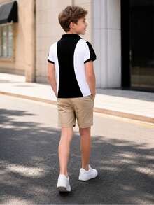 Young Boy Colorblock Embroidered Short Sleeve Polo Shirt, Casual Summer - Black and White - View 2