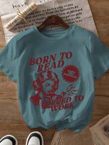 1 pieza Camiseta Gráfica para Mujer "Nacida para Leer, Obligada a Trabajar" - Camiseta con Diseño Vintage para Amantes de los Libros - Ilustración Retro de Mujer, Cuello Redondo Suave y Elástico - Top Casual de Manga Corta, Ropa Casual, Lavable - Ropa de Trabajo de Ajuste Cómodo, Sudadera de Estilo Minimalista, 180g Algodón 100% - Negro - Ver 7