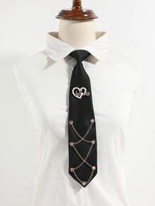 1pc Unisex Fashion Casual Minimalist Heart & Letter Decor Clip-On Tie, Comfortable & Versatile For Daily, School, Date, Outing, Party Wear - Black - View 7