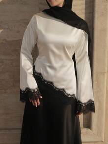 Luxury Satin Long Blouse In Apricot, Black Lace Trim Shirt, Suitable For Dates, Parties And Casual Home Wear - Apricot - View 2