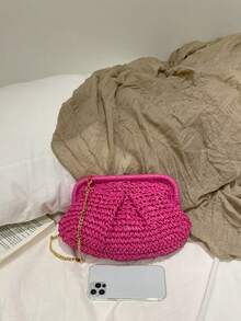 Dedoo Fashion Woven Straw Handbag, Elegant Suitable For Vacation Travel, Fashionable Top Handle Tote Bag, Khaki Color, Lightweight Zipper Pocket, Straw Bag, Beach Bag - Hot Pink - View 7