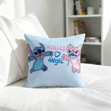 Disney Lilo & StitchCushion Cover Cover, Cute Jumping Stitch And Angel With "Stitch & Angel" Lettering DecorativeCushion Cover, Soft Light Blue Squarefor Kids Bedroom Sofa Couch - Color - View 6