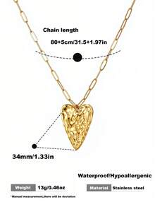 1 pieza Collar largo de acero inoxidable minimalista con cadena de clip de papel dorado, colgante exquisito en forma de corazón, collar de corazón martillado para mujeres, regalo - Dorado - Ver 3
