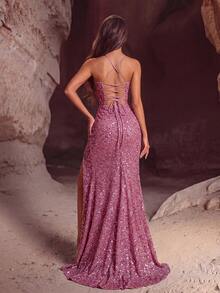 ADYCE Sequin Backless Ruched Slit Maxi Dress, Suitable For Party, Event, Wedding Guest, Formal Occasion, Banquet - Dusty Pink - View 2