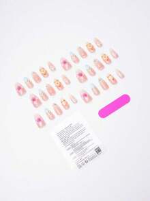 24pcs Ocean Style Almond Shaped Acrylic Nail Stickers With 3D Starfish, Seashell & Floral Patterns, Pearlescent Metallic Decorative Glossy Full Cover False Nails, Suitable For Women & Girls Summer Beach Holiday Daily Wear - 彩色 - 查看 5
