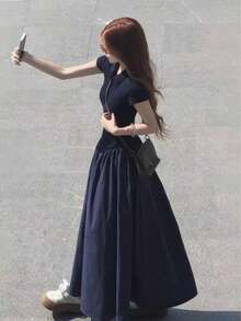 Women Midi Dresses - Navy Blue - View 2