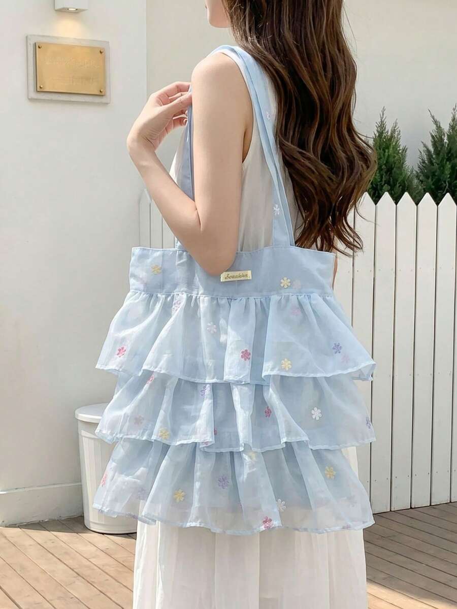 Ditsy Floral Layered Cake Tote Bag, Soft Chiffon Ruffle Korean Style Girl's Commute & School Large Capacity Shoulder Bag - Blue - View 1