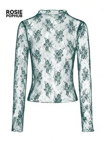 ROSIE POPHUB 女款深綠色透視刺繡蕾絲優雅性感修身網紗長袖寬鬆T恤，適合約會、日常、辦公室、夏季 - 墨綠色 - 查看 9