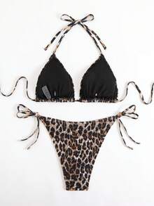 Latest Plus Size Backless Leopard Print Casual Sexy Ruched Bikini Top, Side Tie Thong Swimwear Set, Medium Stretch Vacation Beach Summer - Coffee Brown - View 2
